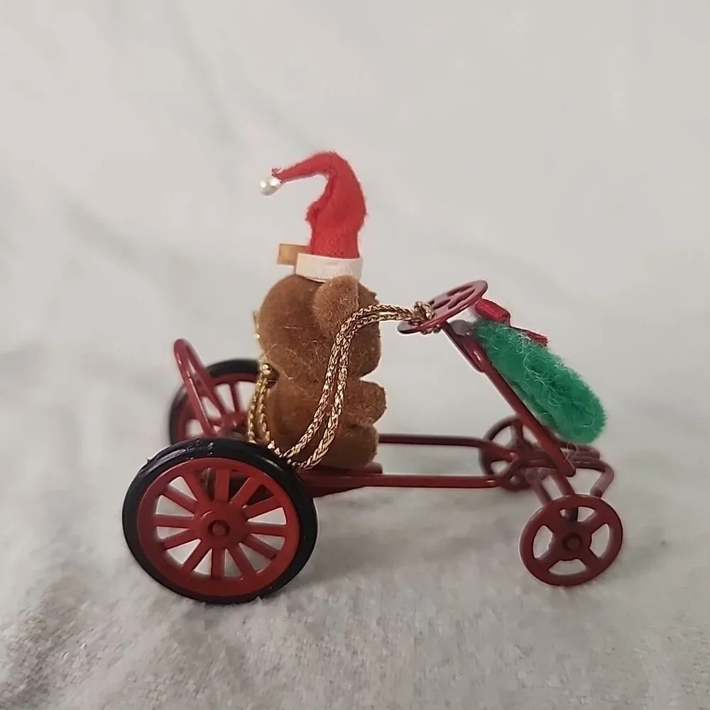 Red Metal Ornament Car With Flocked Teddy Bear & Wreath 1980’s Avon Vintage